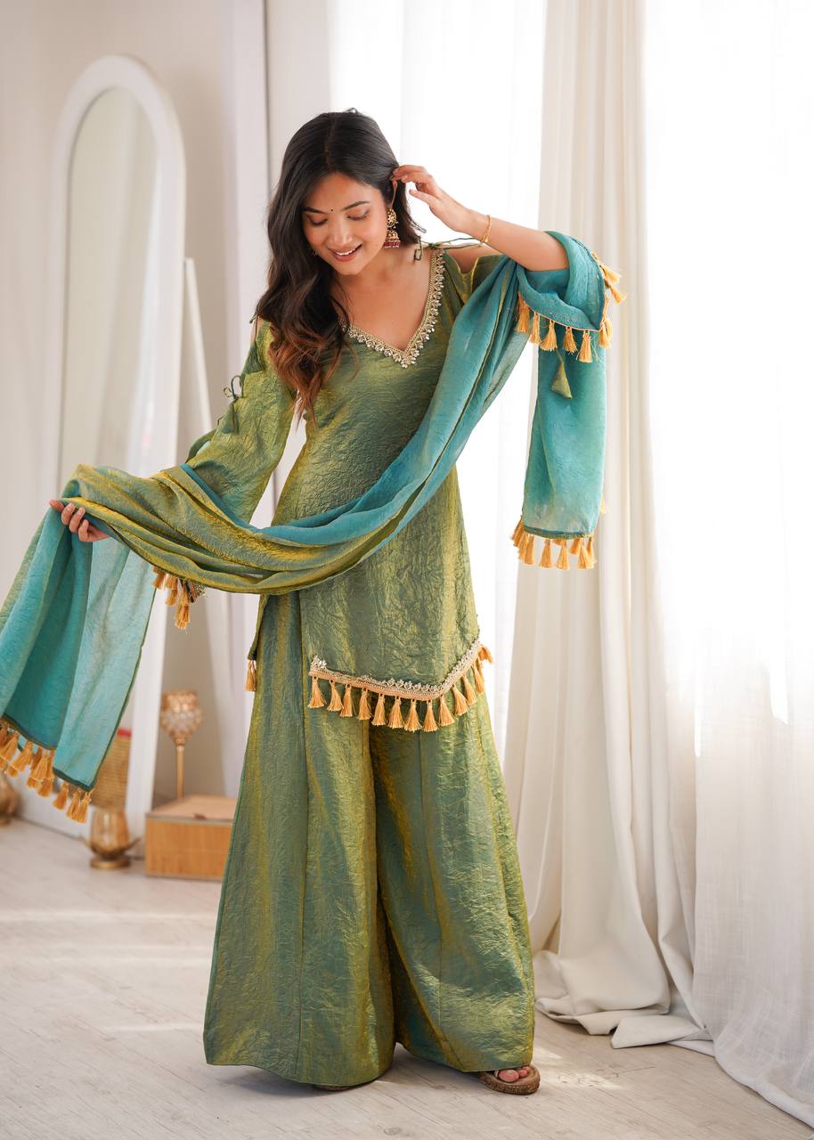 Graceful Sage Green Kurti Sharara Set with Golden Tassels and Designer Lace
