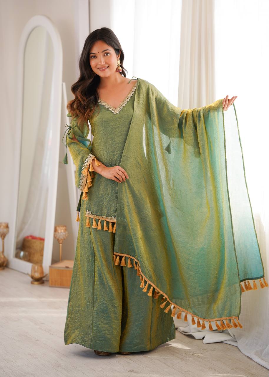 Graceful Sage Green Kurti Sharara Set with Golden Tassels and Designer Lace