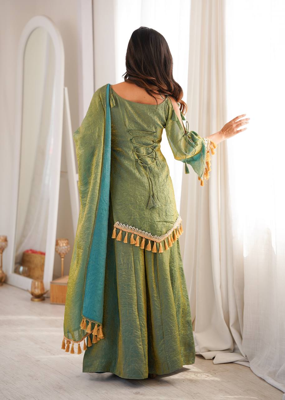 Graceful Sage Green Kurti Sharara Set with Golden Tassels and Designer Lace