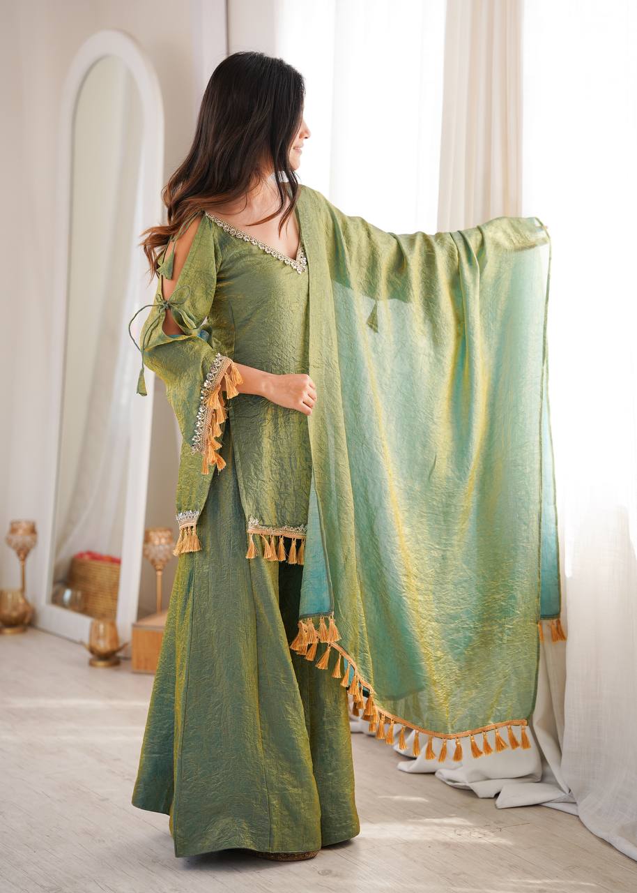 Graceful Sage Green Kurti Sharara Set with Golden Tassels and Designer Lace