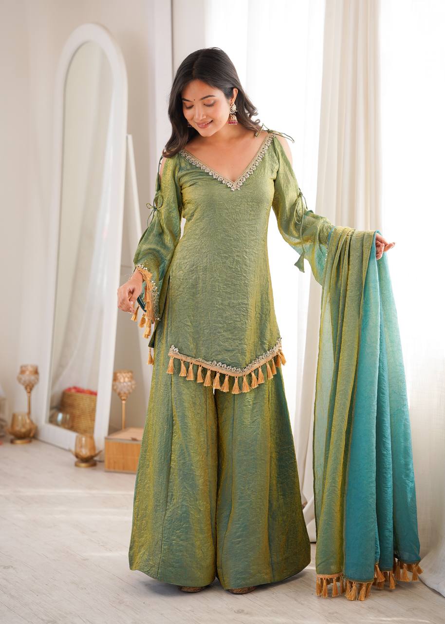 Graceful Sage Green Kurti Sharara Set with Golden Tassels and Designer Lace