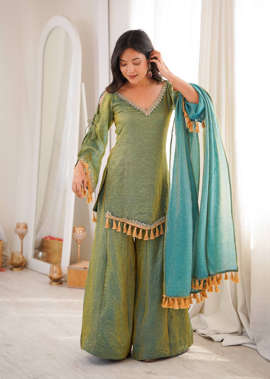 Graceful Sage Green Kurti Sharara Set with Golden Tassels and Designer Lace