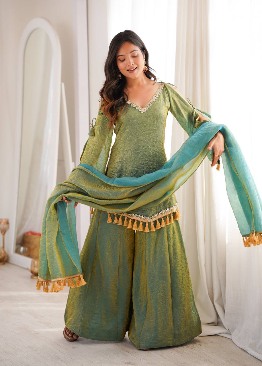 Graceful Sage Green Kurti Sharara Set with Golden Tassels and Designer Lace