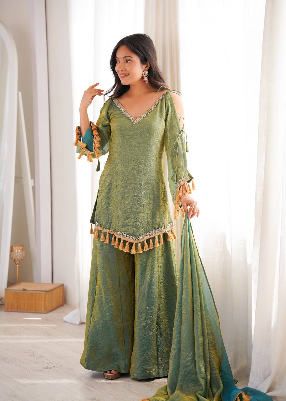 Graceful Sage Green Kurti Sharara Set with Golden Tassels and Designer Lace