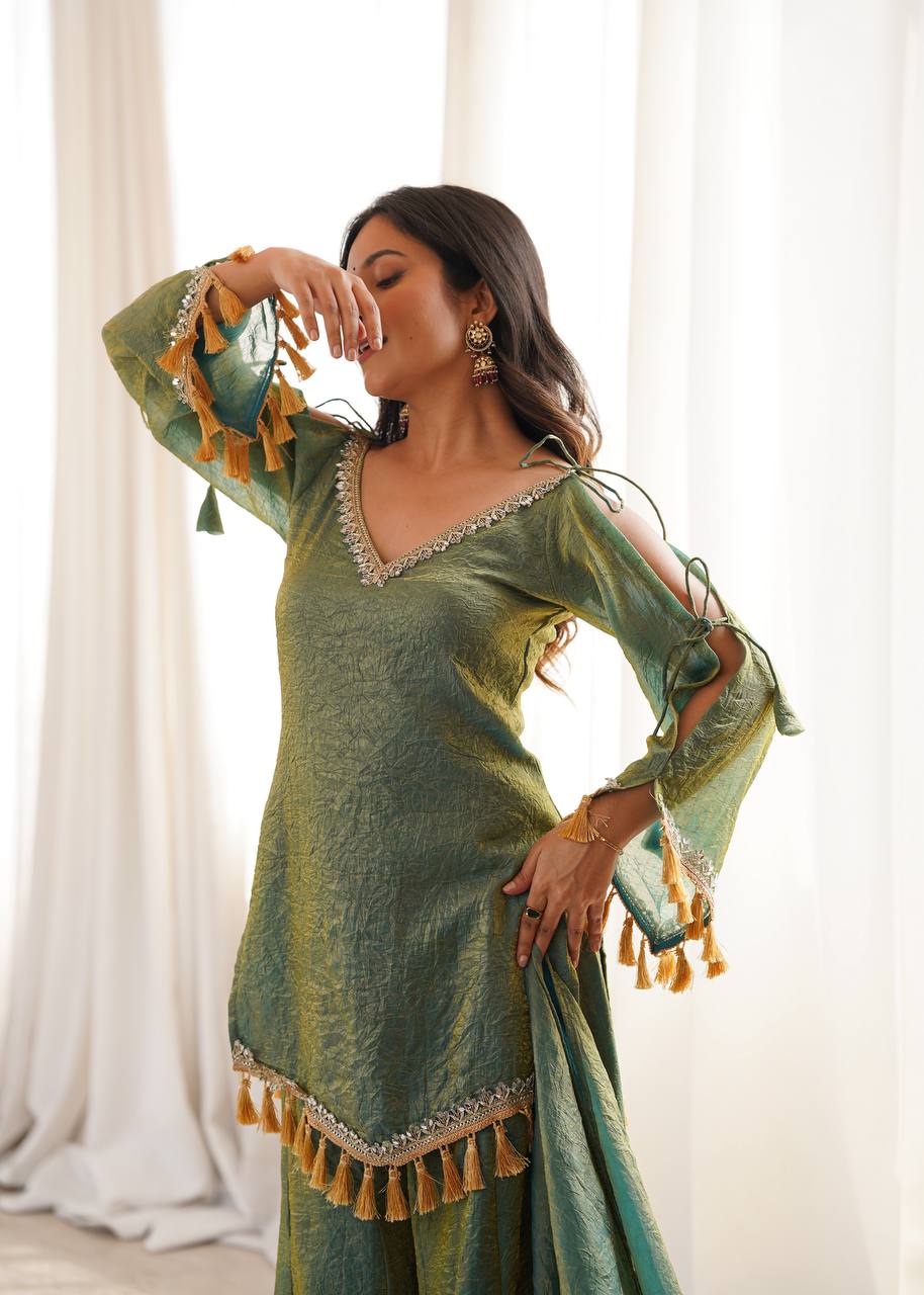 Graceful Sage Green Kurti Sharara Set with Golden Tassels and Designer Lace