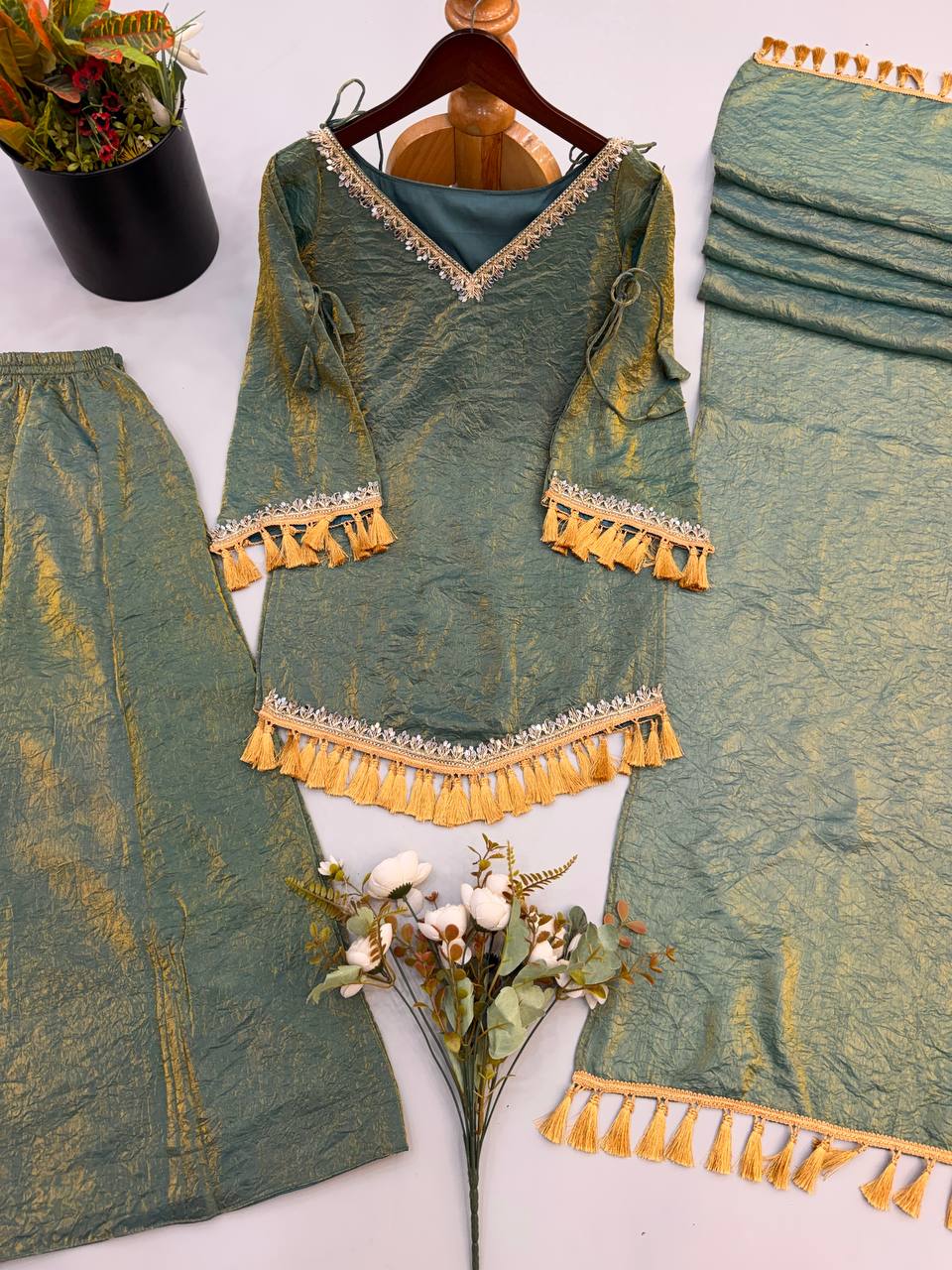 Graceful Sage Green Kurti Sharara Set with Golden Tassels and Designer Lace