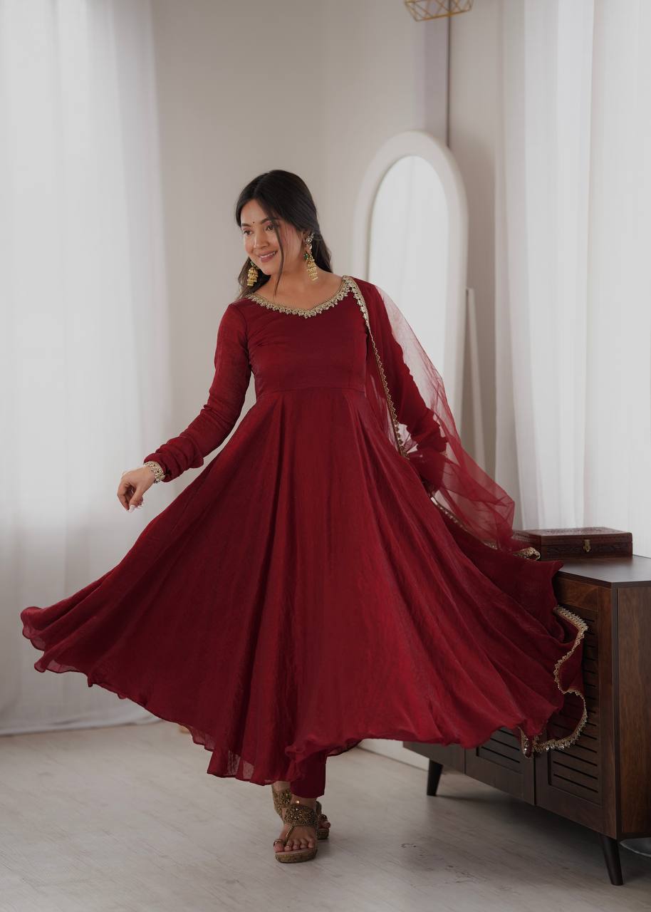Elegant Wine Red Silk Anarkali Gown with Embellished Neckline & Sheer Dupatta