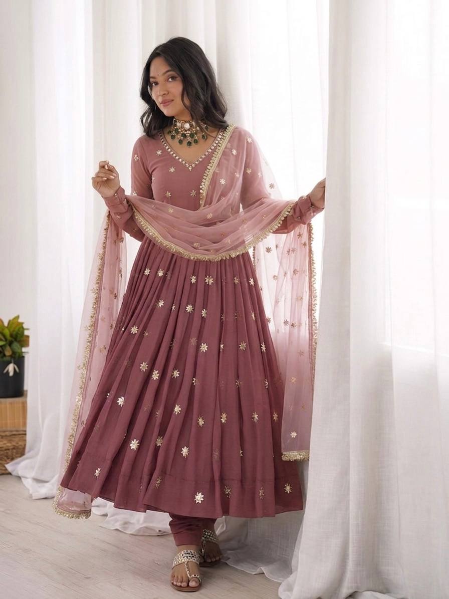 Rosewood Flared Gown Set with Delicate Handwork & Golden Lace Border