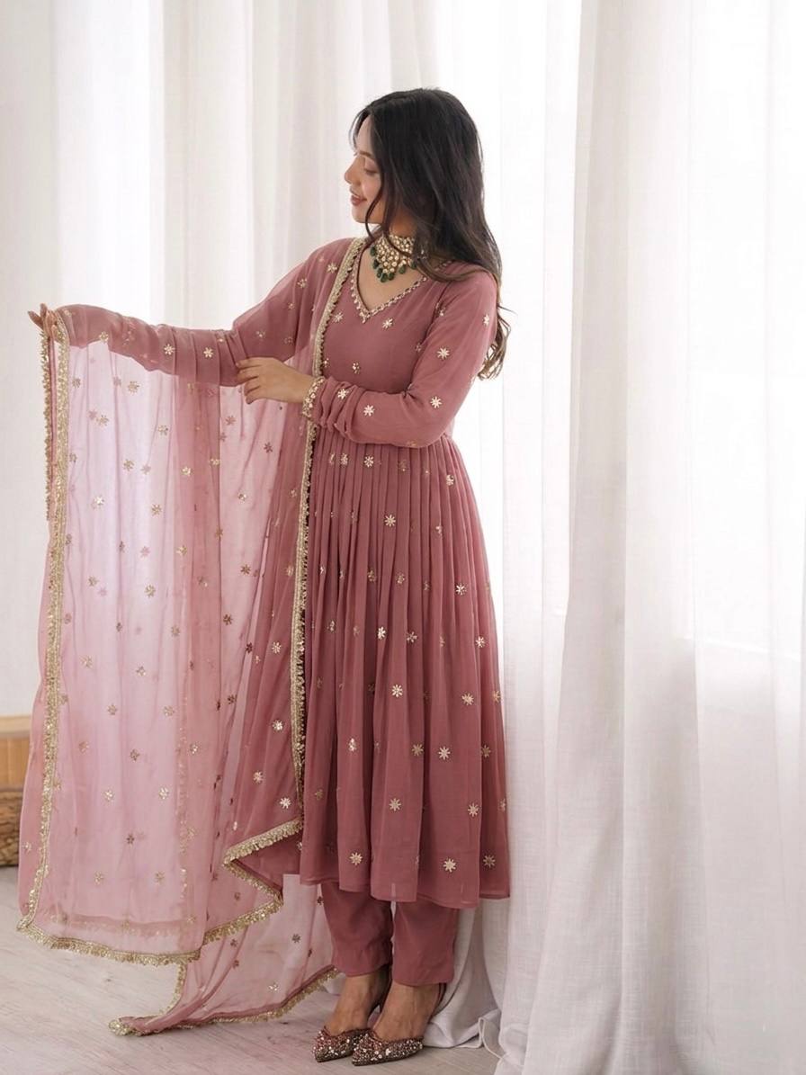 Rosewood Flared Gown Set with Delicate Handwork & Golden Lace Border