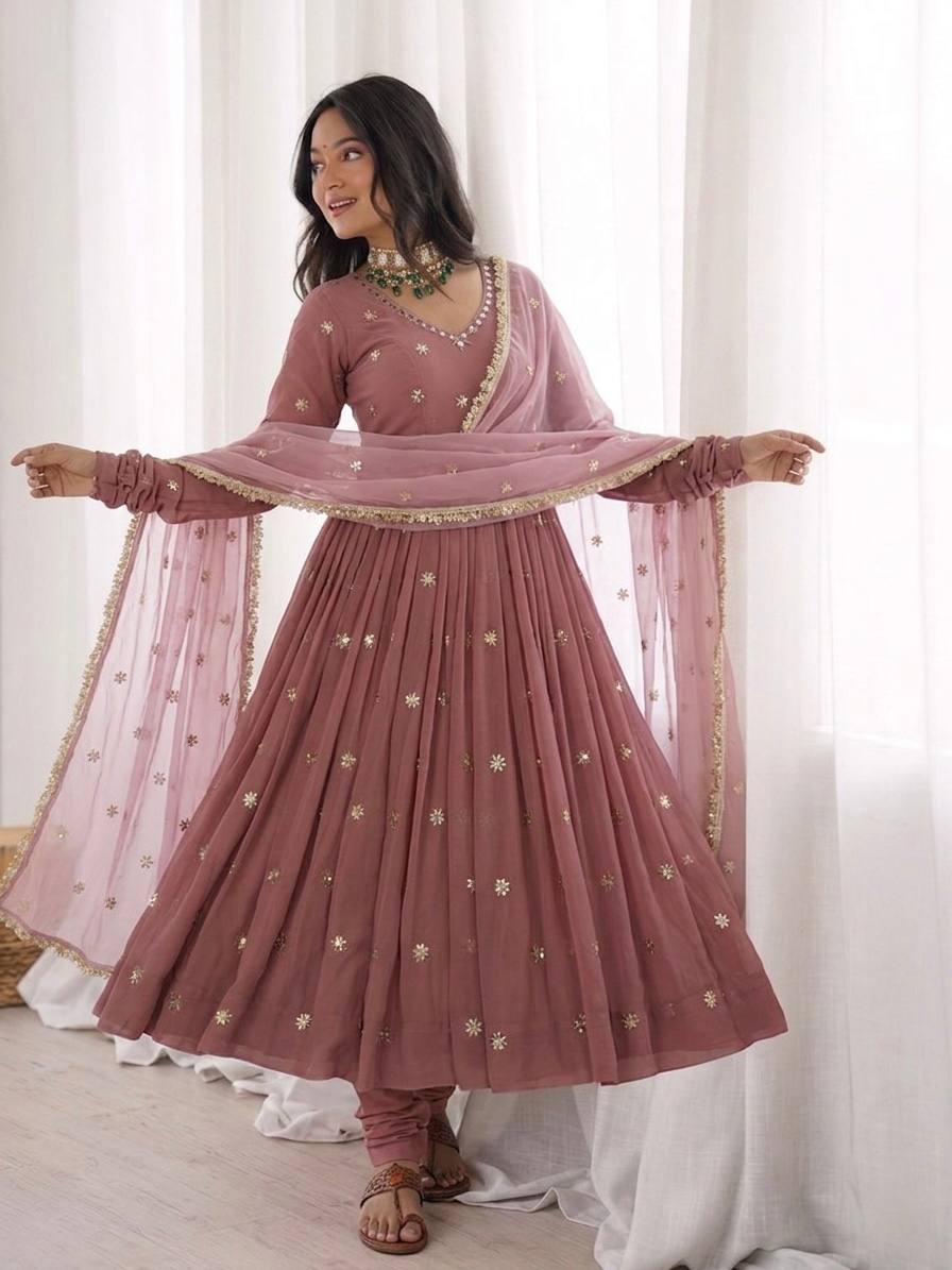 Rosewood Flared Gown Set with Delicate Handwork & Golden Lace Border