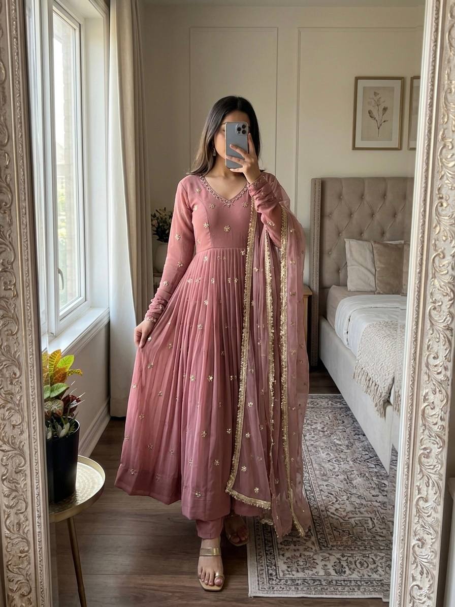 Rosewood Flared Gown Set with Delicate Handwork & Golden Lace Border