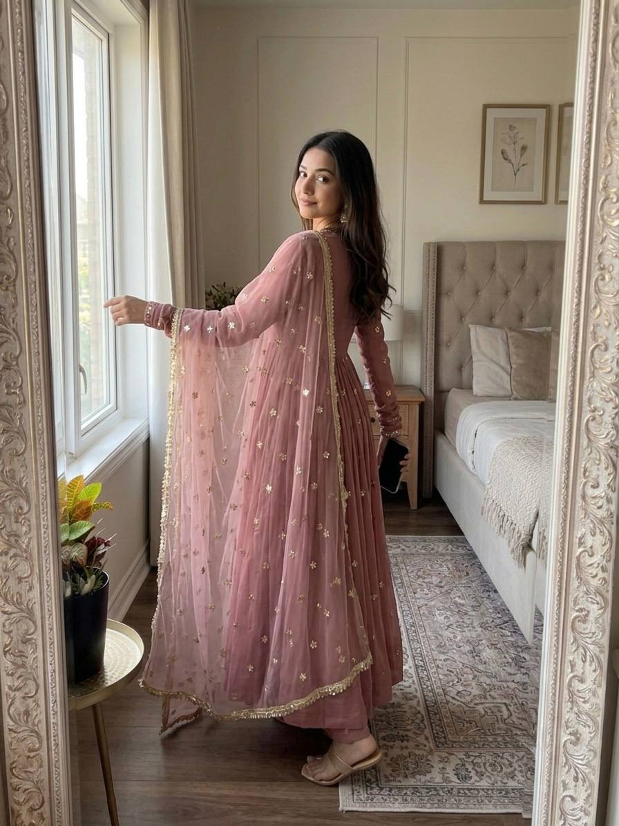 Rosewood Flared Gown Set with Delicate Handwork & Golden Lace Border
