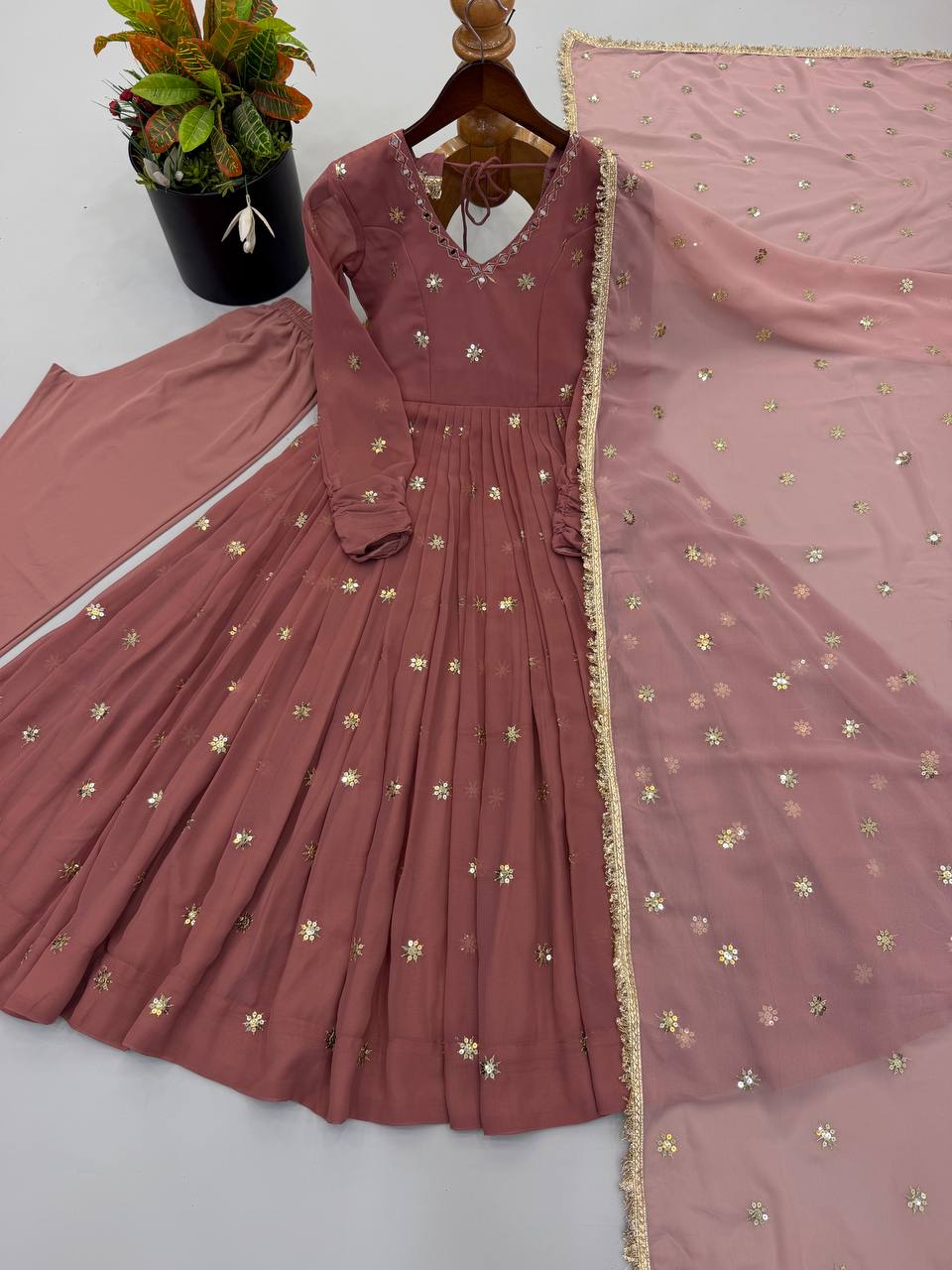 Rosewood Flared Gown Set with Delicate Handwork & Golden Lace Border