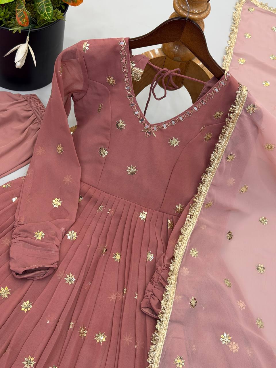 Rosewood Flared Gown Set with Delicate Handwork & Golden Lace Border