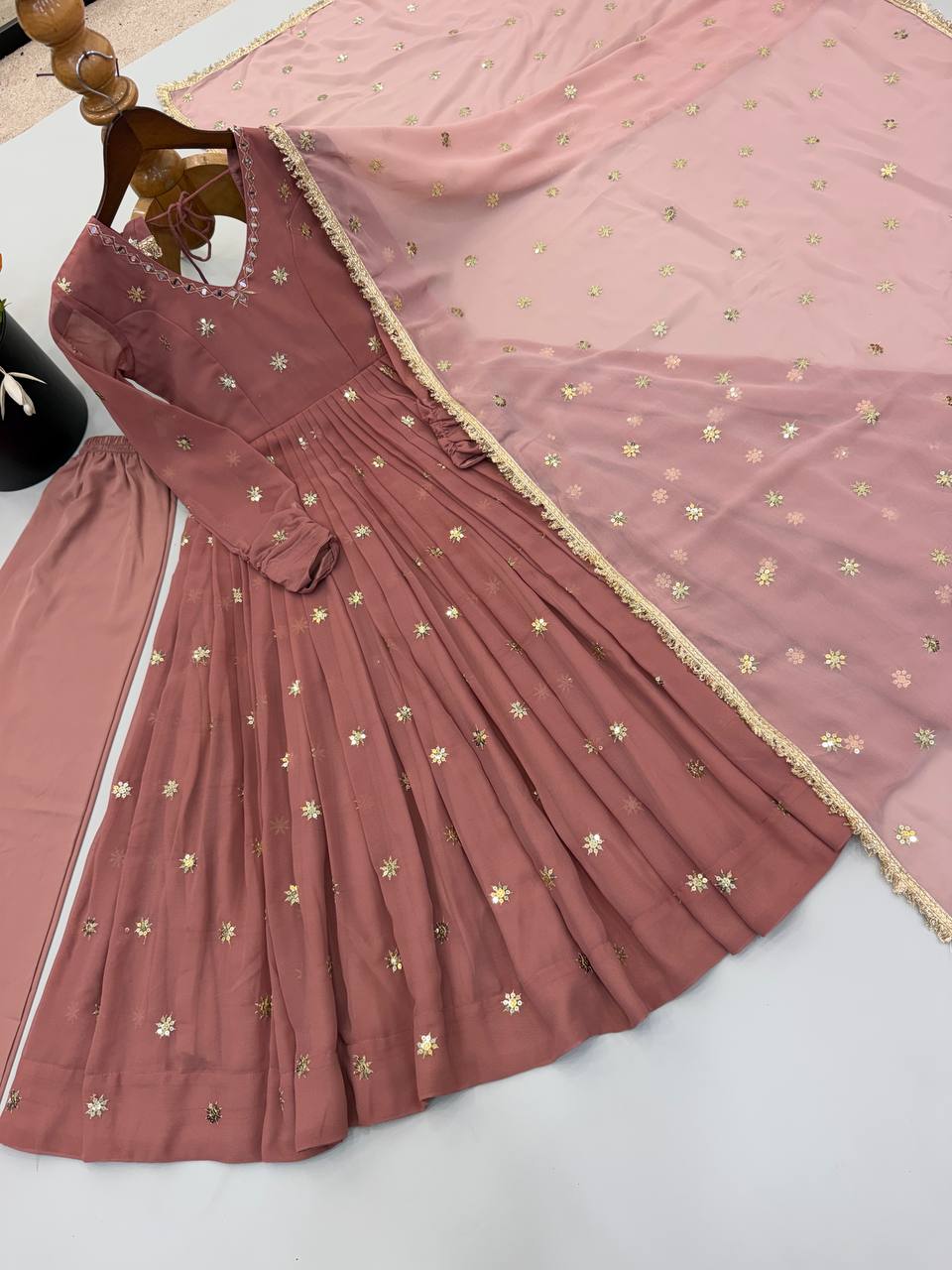 Rosewood Flared Gown Set with Delicate Handwork & Golden Lace Border