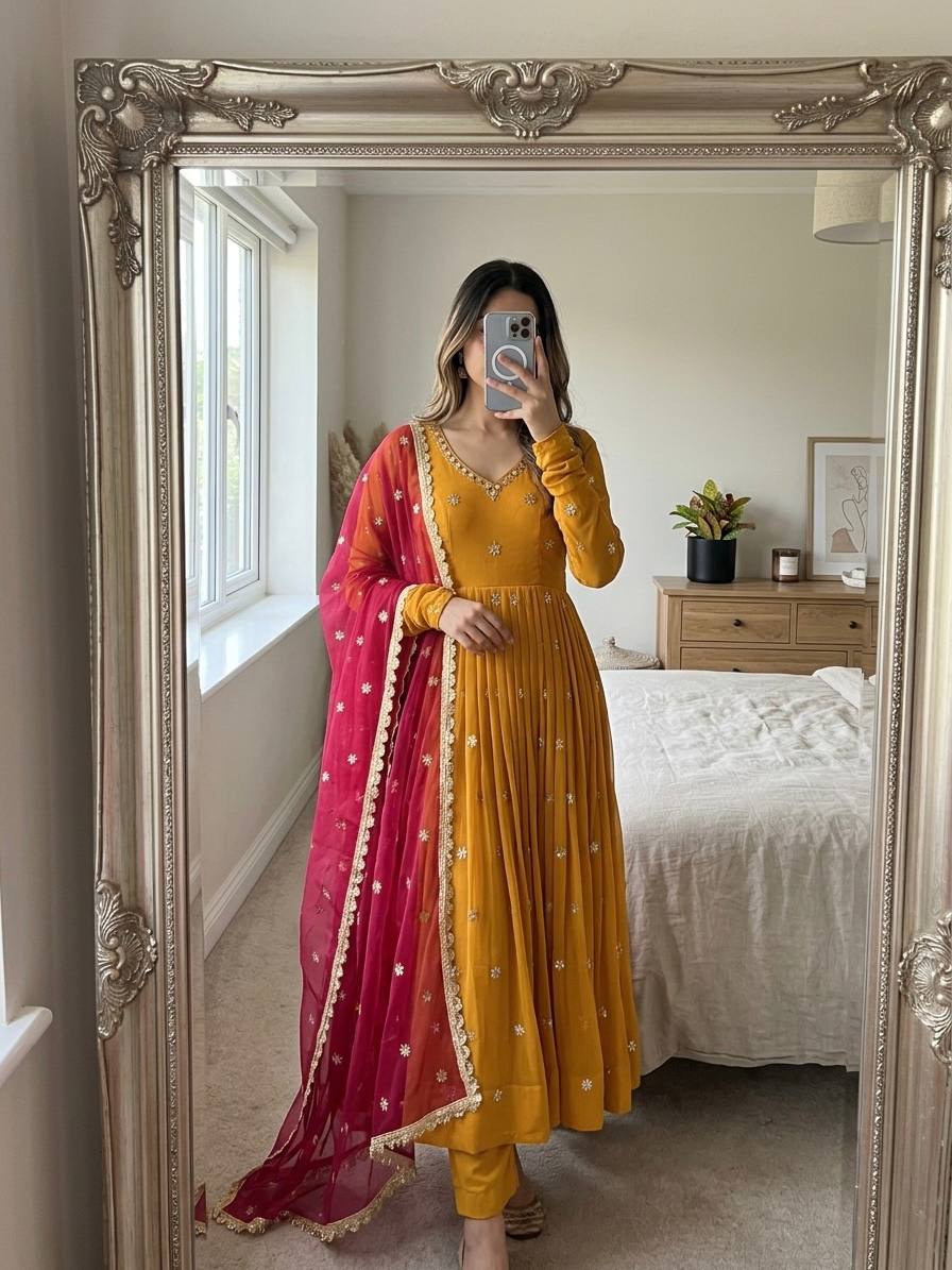 Mustard Gold Anarkali Suit with Delicate Butti Work & Pink Dupatta