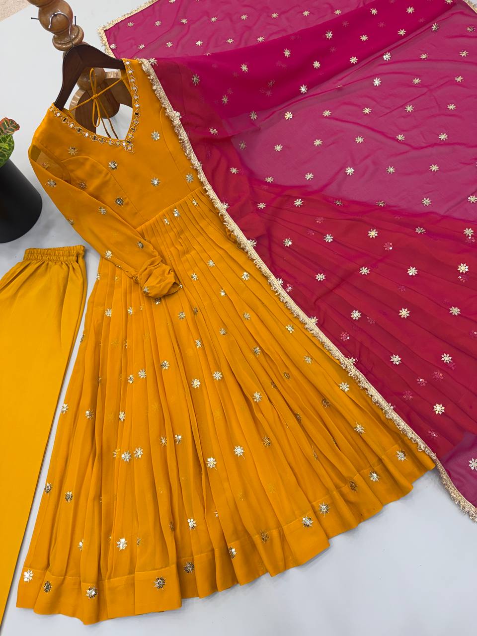 Mustard Gold Anarkali Suit with Delicate Butti Work & Pink Dupatta