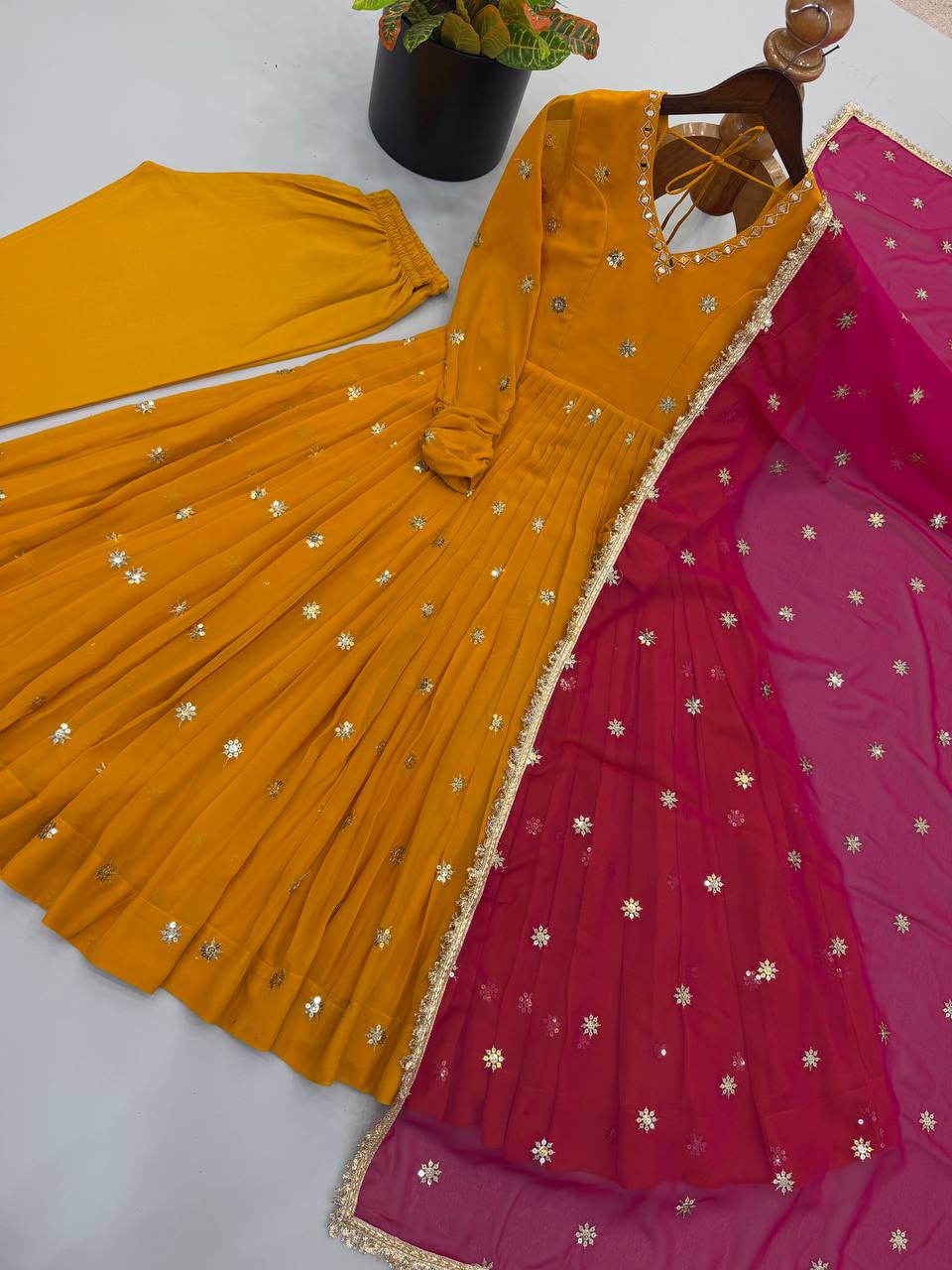 Mustard Gold Anarkali Suit with Delicate Butti Work & Pink Dupatta