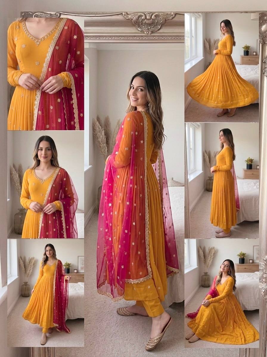 Mustard Gold Anarkali Suit with Delicate Butti Work & Pink Dupatta