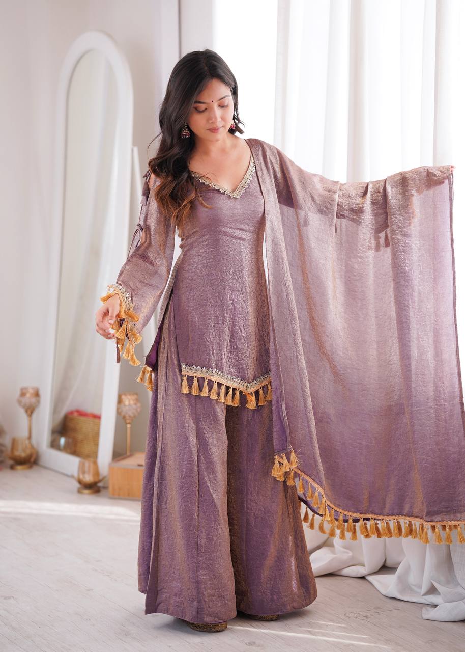 Royal Lilac Roman Silk Palazzo Suit with Embellished Neckline & Tassel Dupatta