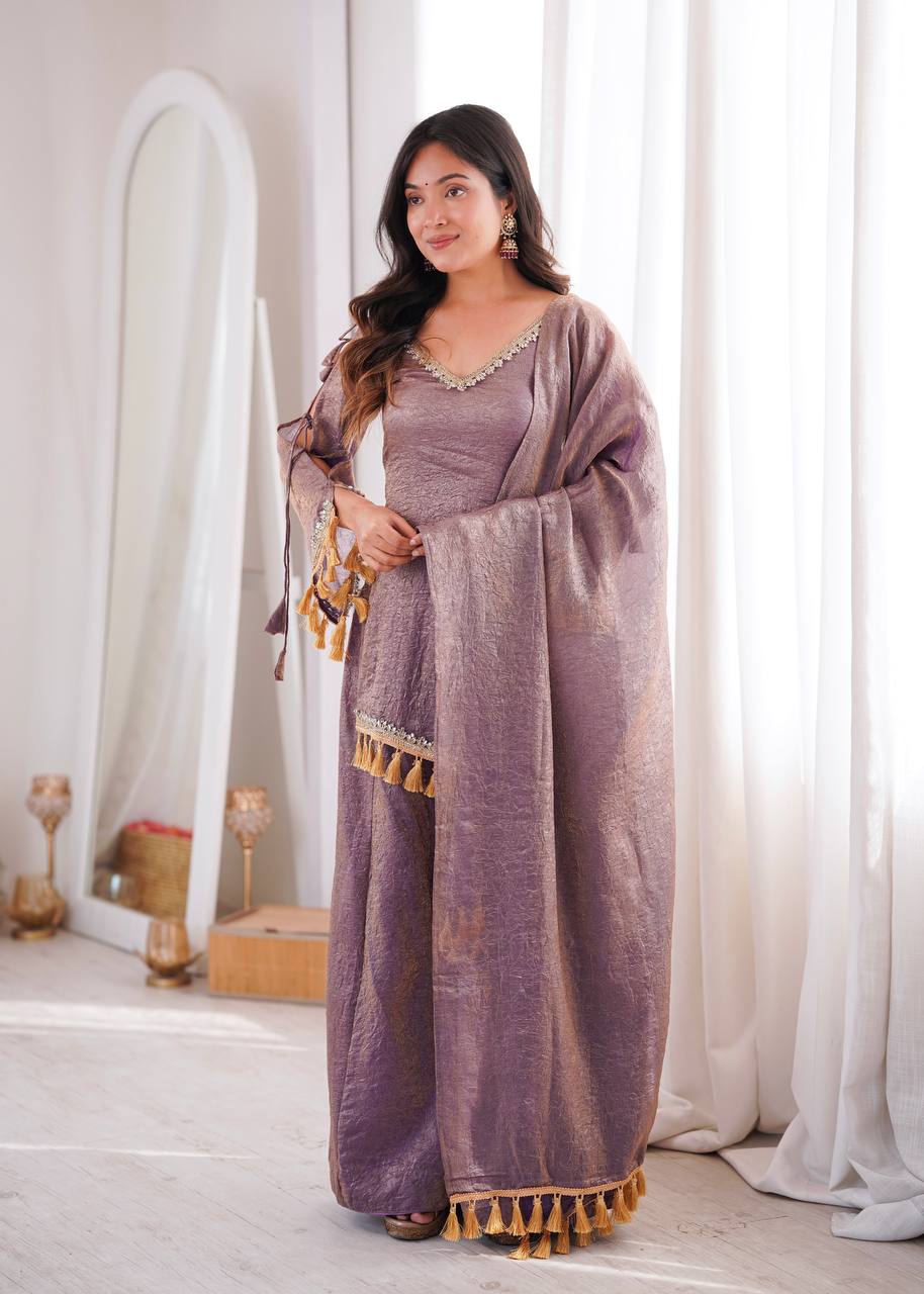 Royal Lilac Roman Silk Palazzo Suit with Embellished Neckline & Tassel Dupatta
