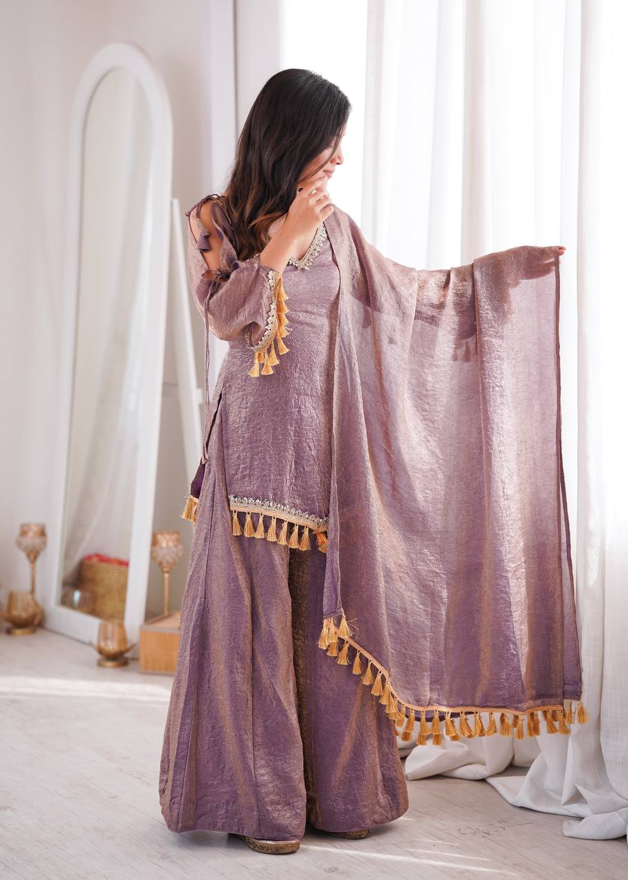 Royal Lilac Roman Silk Palazzo Suit with Embellished Neckline & Tassel Dupatta