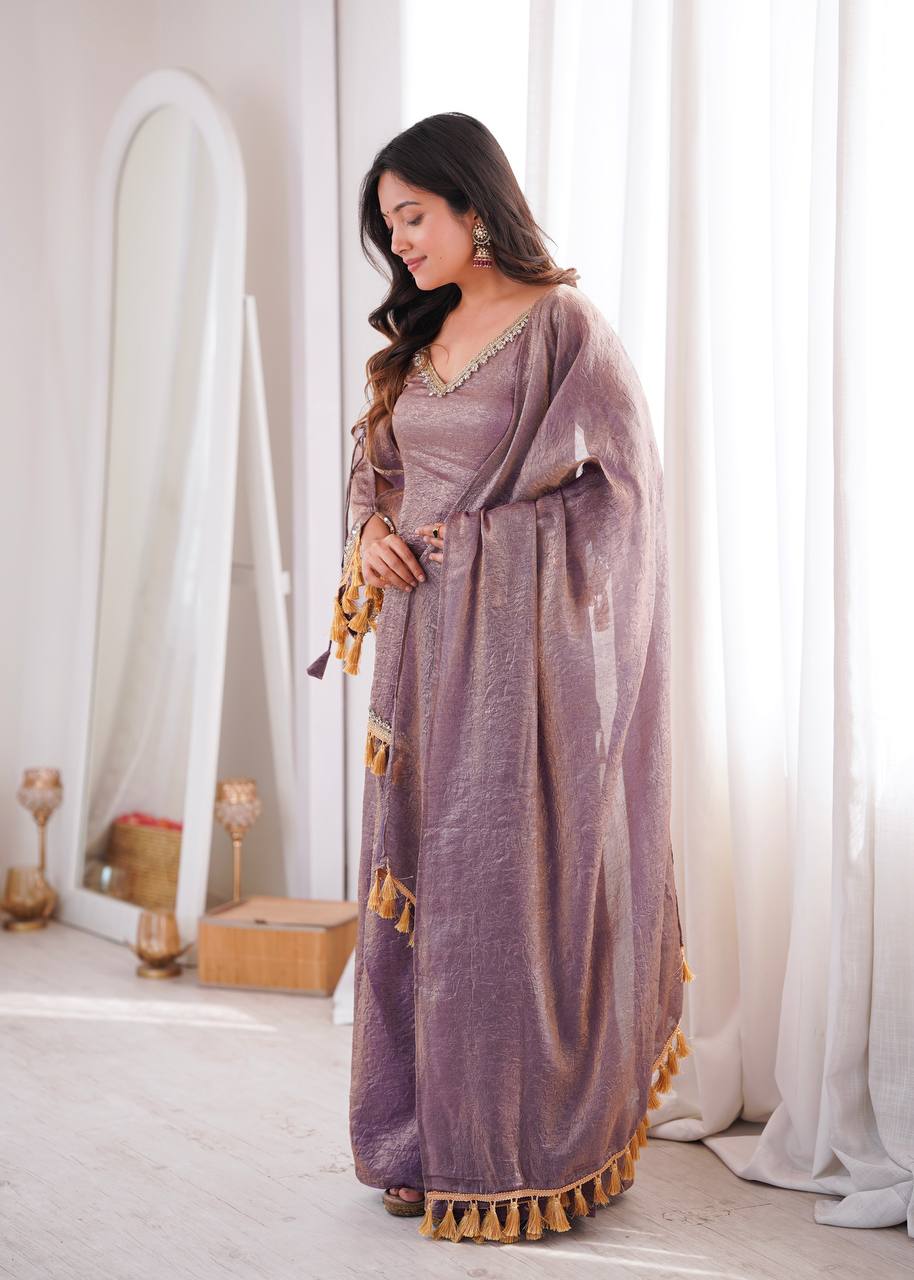 Royal Lilac Roman Silk Palazzo Suit with Embellished Neckline & Tassel Dupatta