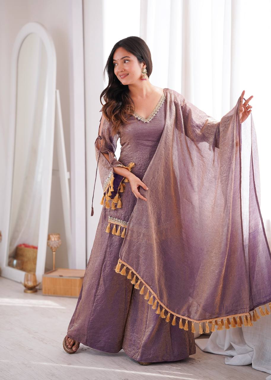Royal Lilac Roman Silk Palazzo Suit with Embellished Neckline & Tassel Dupatta