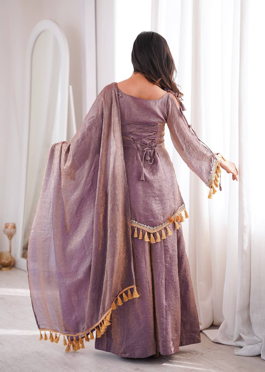 Royal Lilac Roman Silk Palazzo Suit with Embellished Neckline & Tassel Dupatta