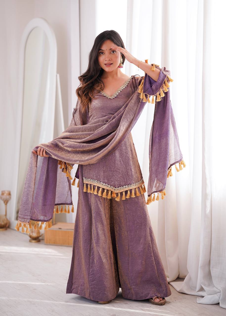 Royal Lilac Roman Silk Palazzo Suit with Embellished Neckline & Tassel Dupatta