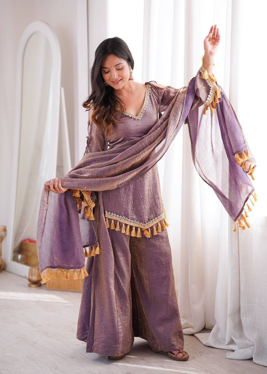 Royal Lilac Roman Silk Palazzo Suit with Embellished Neckline & Tassel Dupatta