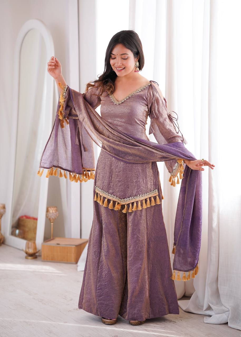 Royal Lilac Roman Silk Palazzo Suit with Embellished Neckline & Tassel Dupatta