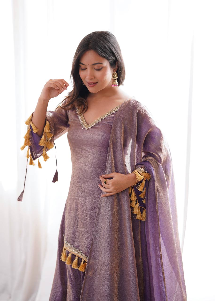 Royal Lilac Roman Silk Palazzo Suit with Embellished Neckline & Tassel Dupatta