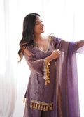 Royal Lilac Roman Silk Palazzo Suit with Embellished Neckline & Tassel Dupatta