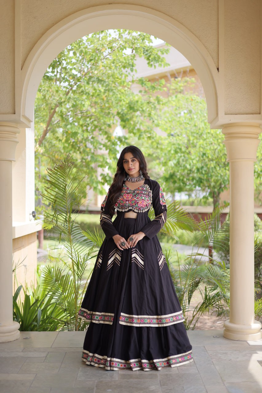 Regal Black Kora Cotton Gamthi Work & Gota Patti Lace Lehenga Choli Set
