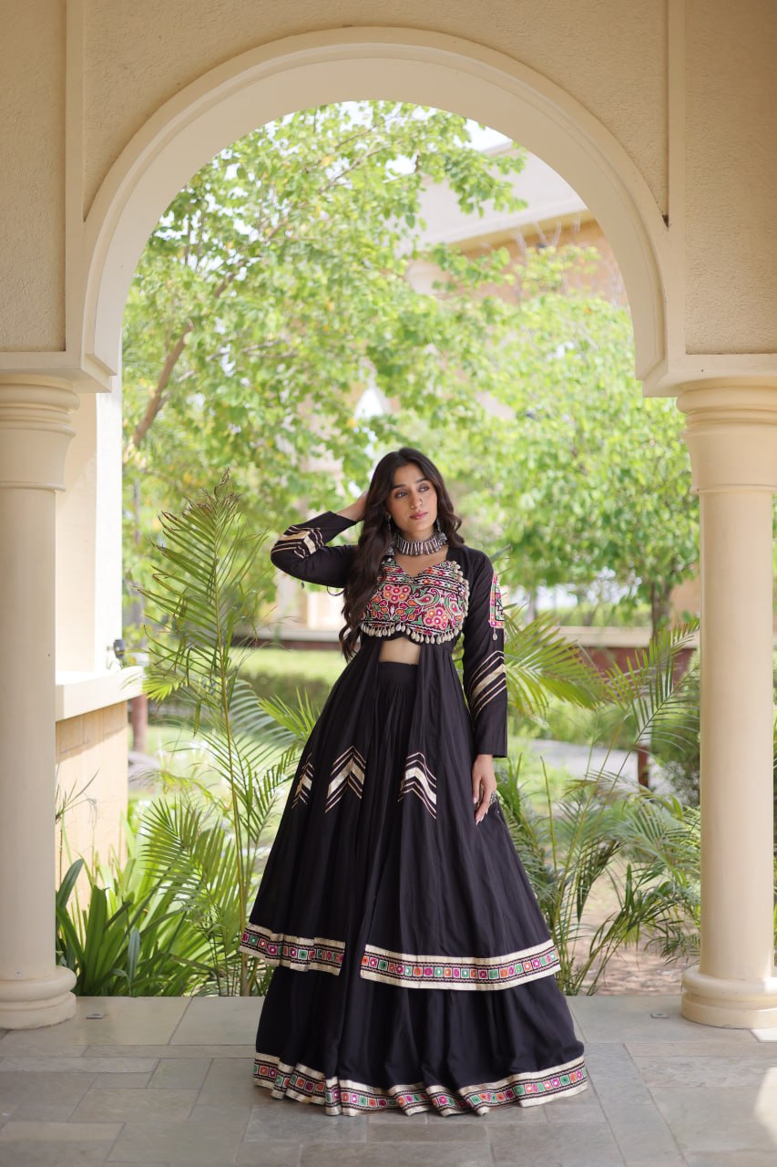 Regal Black Kora Cotton Gamthi Work & Gota Patti Lace Lehenga Choli Set