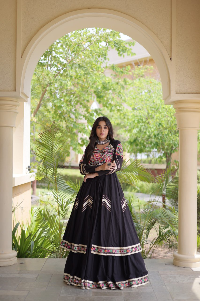 Regal Black Kora Cotton Gamthi Work & Gota Patti Lace Lehenga Choli Set