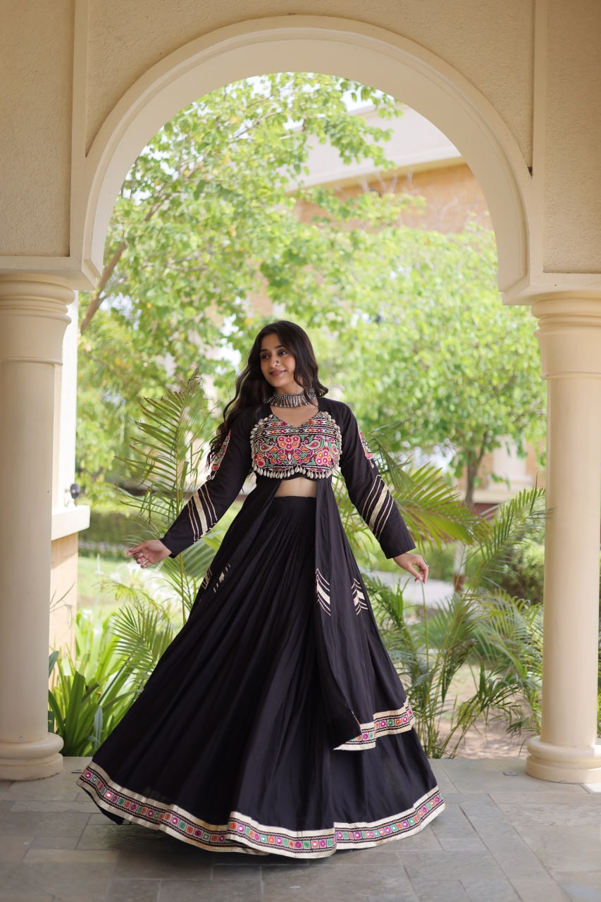 Regal Black Kora Cotton Gamthi Work & Gota Patti Lace Lehenga Choli Set