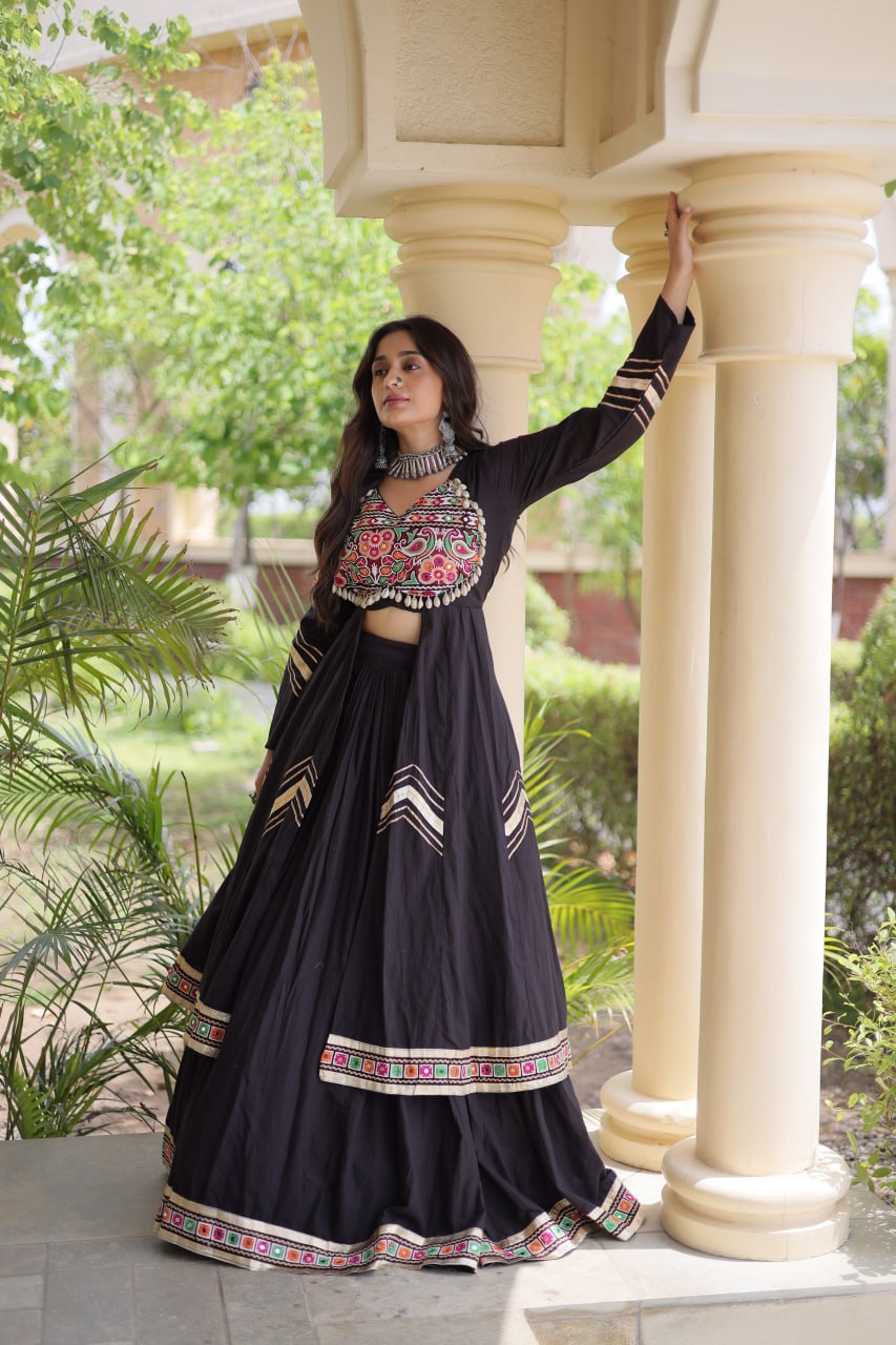 Regal Black Kora Cotton Gamthi Work & Gota Patti Lace Lehenga Choli Set