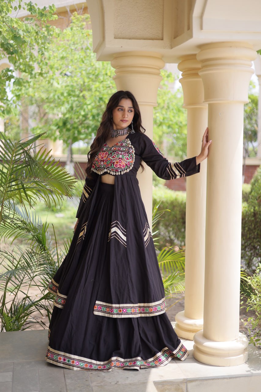 Regal Black Kora Cotton Gamthi Work & Gota Patti Lace Lehenga Choli Set