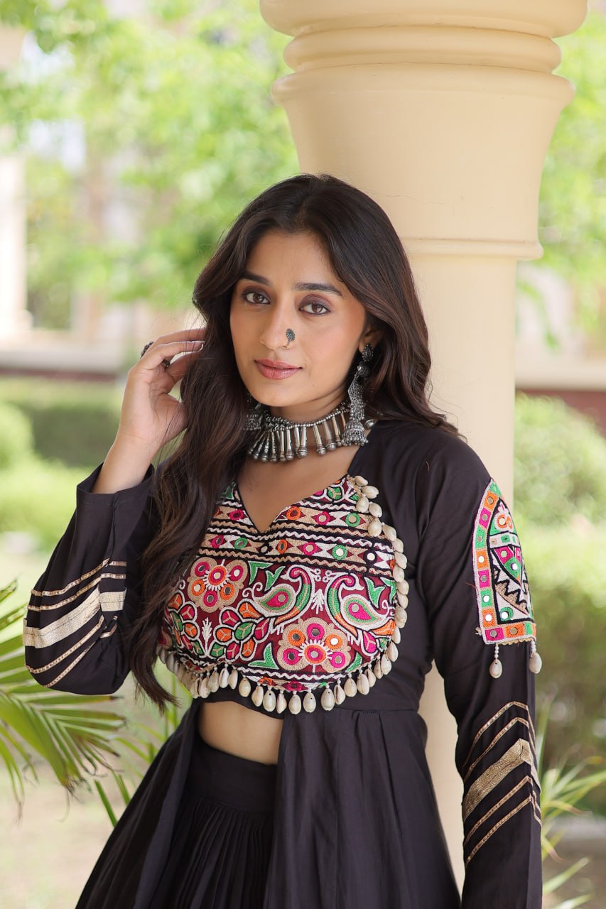 Regal Black Kora Cotton Gamthi Work & Gota Patti Lace Lehenga Choli Set