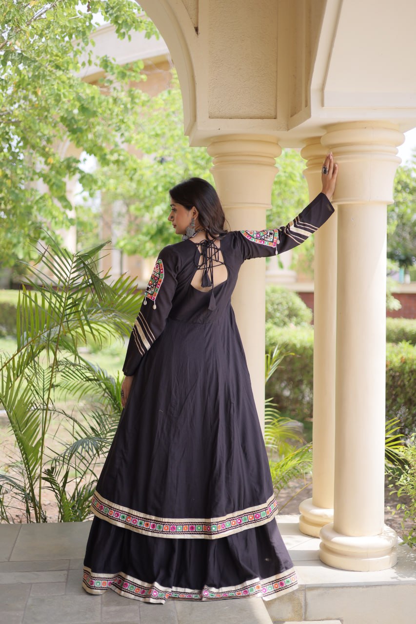 Regal Black Kora Cotton Gamthi Work & Gota Patti Lace Lehenga Choli Set