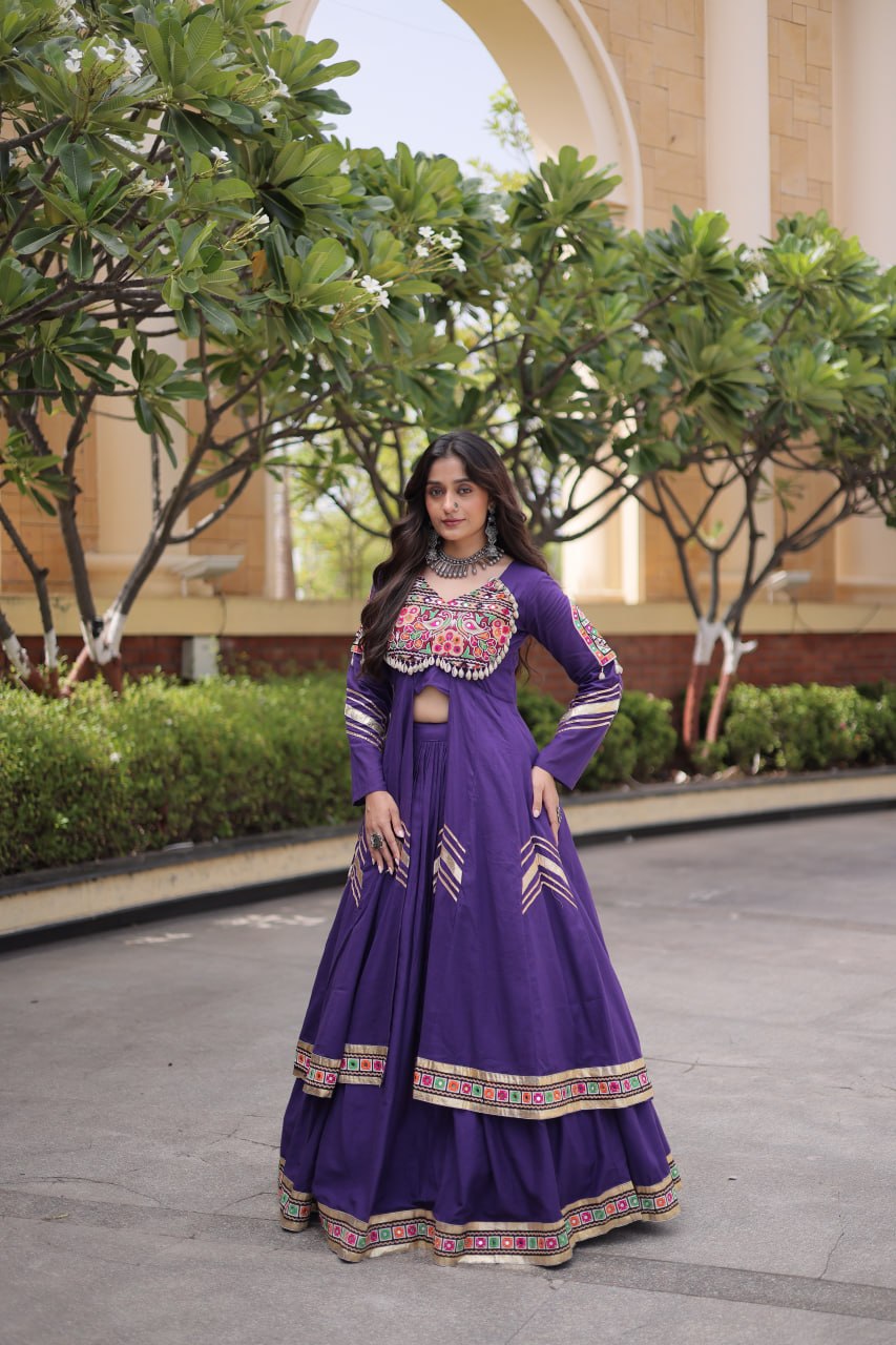 Regal Black Kora Cotton Gamthi Work & Gota Patti Lace Lehenga Choli Set