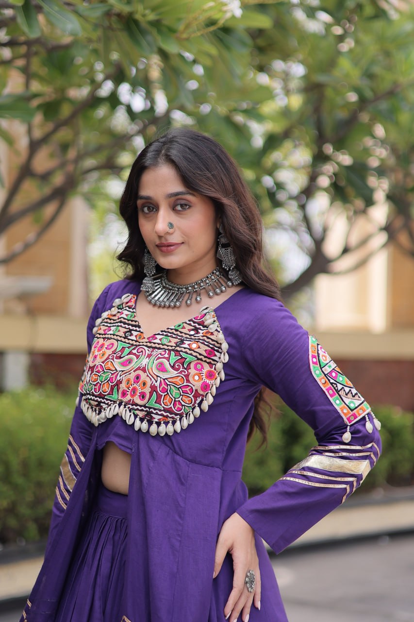 Regal Black Kora Cotton Gamthi Work & Gota Patti Lace Lehenga Choli Set