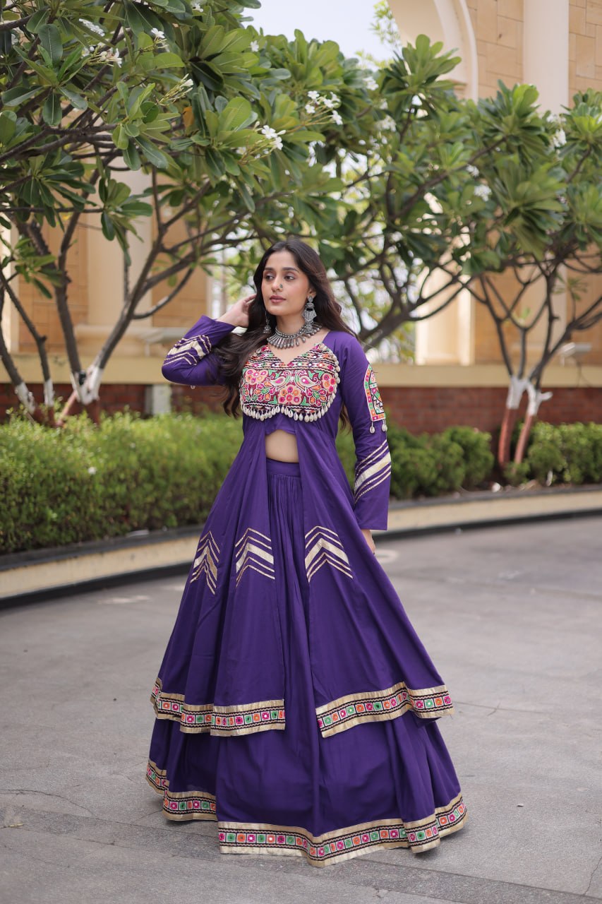 Regal Black Kora Cotton Gamthi Work & Gota Patti Lace Lehenga Choli Set