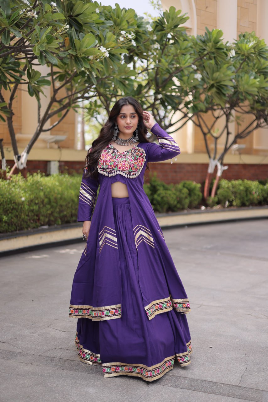 Regal Black Kora Cotton Gamthi Work & Gota Patti Lace Lehenga Choli Set