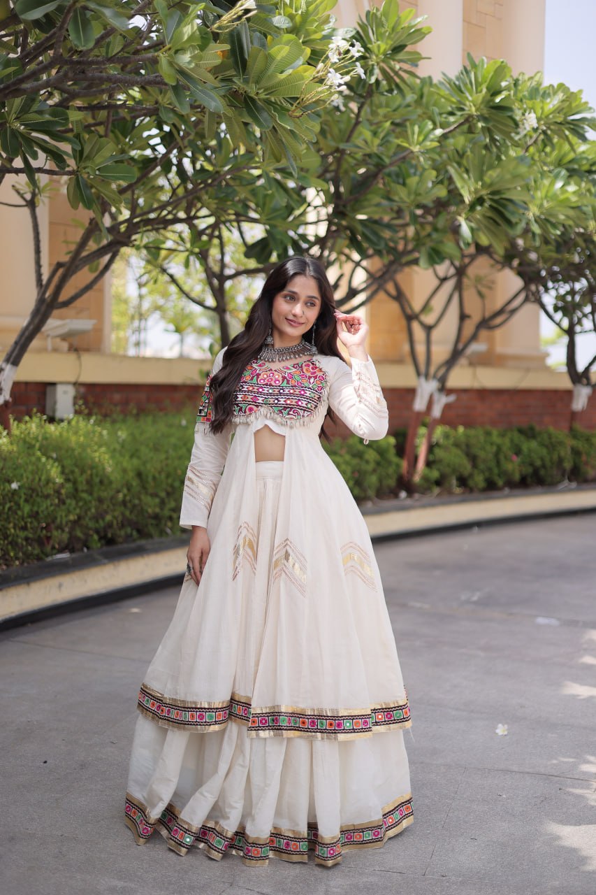 Regal Black Kora Cotton Gamthi Work & Gota Patti Lace Lehenga Choli Set