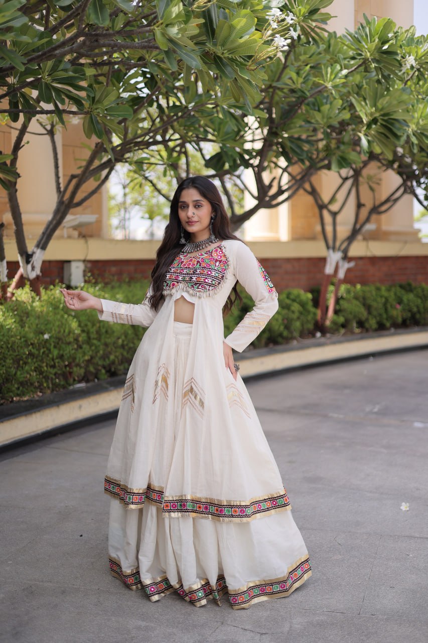 Regal Black Kora Cotton Gamthi Work & Gota Patti Lace Lehenga Choli Set