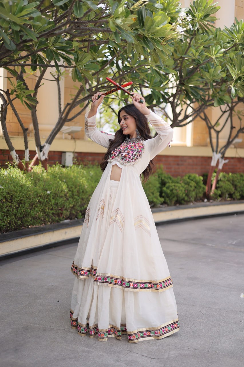 Regal Black Kora Cotton Gamthi Work & Gota Patti Lace Lehenga Choli Set