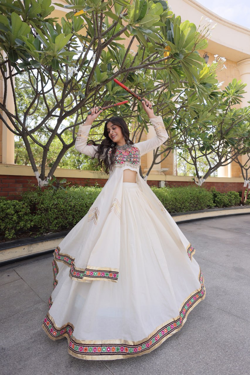 Regal Black Kora Cotton Gamthi Work & Gota Patti Lace Lehenga Choli Set